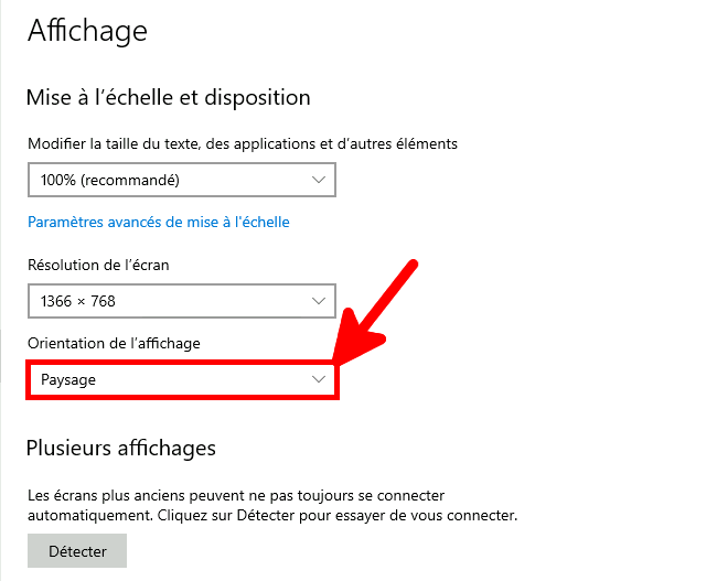 La page Paramètres d'affichage de Windows avec l'option d'orientation de l'écran en surbrillance.