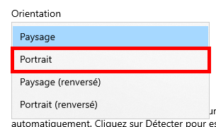 Menu déroulant des paramètres d'orientation de Windows avec l'option « Portrait (retourné) » en surbrillance.