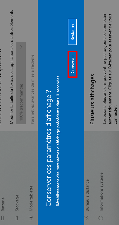 Invite de Windows demandant de conserver ou d'annuler les paramètres d'affichage, l'option « Conserver les modifications » étant mise en évidence.