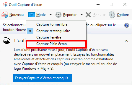 Outil de découpe dans Windows avec l'option « découpe en plein écran » mise en évidence dans le menu de sélection du mode.