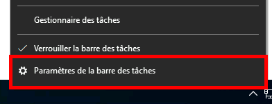 Menu de clic droit sur la barre des tâches de Windows avec l'option « Paramètres de la barre des tâches » en surbrillance.