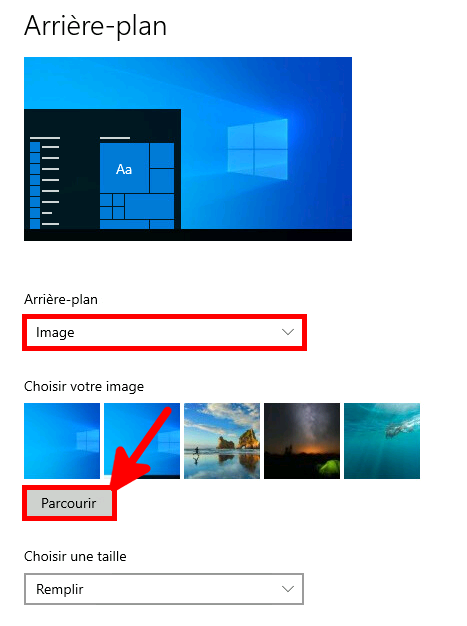 Paramètres d'arrière-plan de Windows avec l'option « Image » et le bouton « Parcourir » mis en évidence pour la sélection de l'arrière-plan.