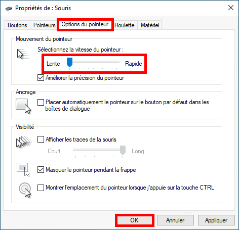 Fenêtre des propriétés de la souris dans Windows avec l'onglet « Options du pointeur », les paramètres de vitesse du pointeur et le bouton « OK » en surbrillance.