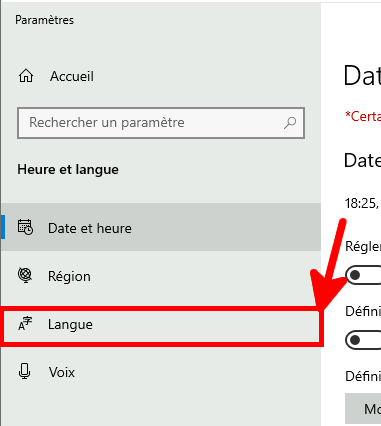 Windows Time & Language settings with 'Language' option highlighted.