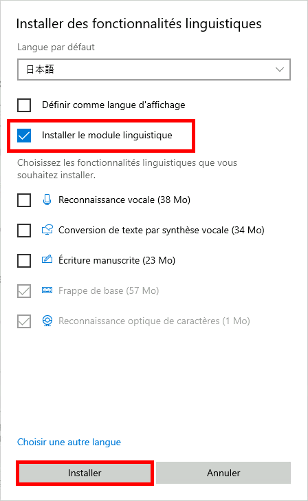 Écran des paramètres de Windows pour l'installation des fonctionnalités linguistiques avec « Installer le pack linguistique » et le bouton « Installer » en surbrillance pour la langue japonaise..