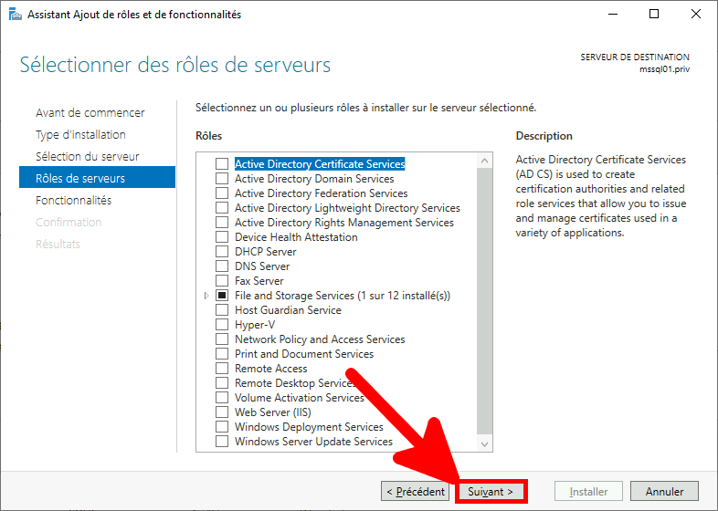 Windows | Assistant ajout de rôles et de fonctionnalités, Sélectionner des rôles de serveurs.
