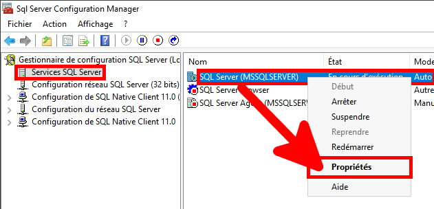 MSSQL | SQL Server Configuration Manager, propriétés de SQL Server.