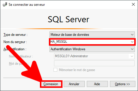MSSQL Management Studio | Fenêtre de connectoin au serveur.