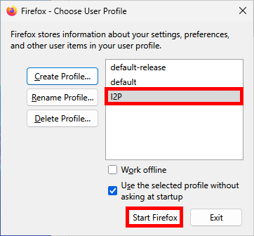 Gestionnaire de profils Firefox avec le profil I2P sélectionné et le bouton Démarrer Firefox mis en surbrillance
