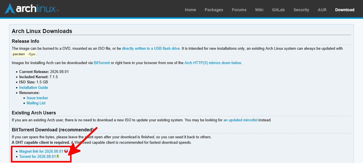 Page de téléchargement d’Arch Linux affichant le lien magnet et le fichier torrent de l’image ISO d’installation