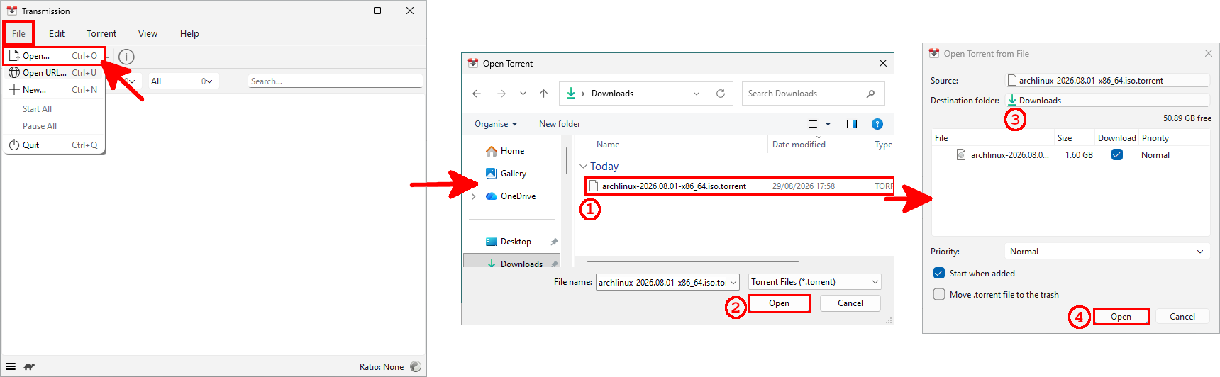 Transmission montrant comment sélectionner un fichier torrent, examiner son contenu, choisir le dossier de destination et lancer le téléchargement