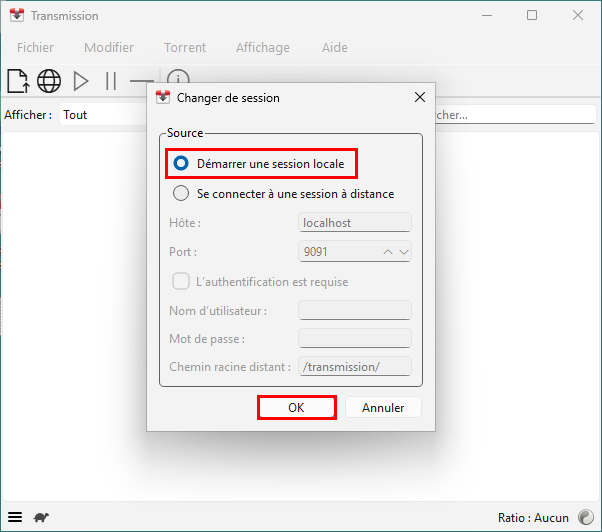 Fenêtre du premier démarrage de Transmission avec l’option Start Local Session sélectionnée