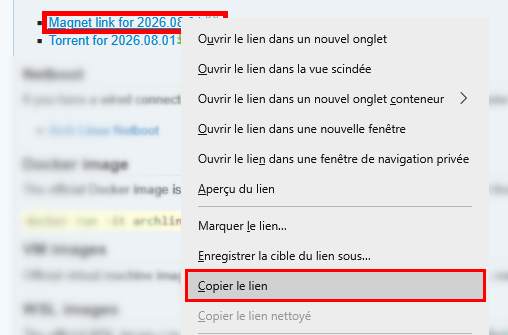 Menu contextuel affichant l’option Copy Link pour le lien magnet d’Arch Linux
