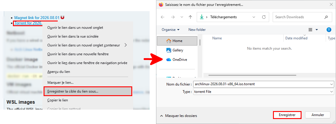 Page de téléchargement d’Arch Linux et boîte de dialogue du navigateur montrant comment enregistrer le fichier torrent