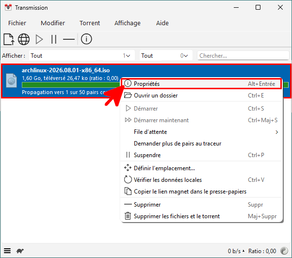 Menu contextuel de Transmission affichant l’option Properties pour un torrent sélectionné