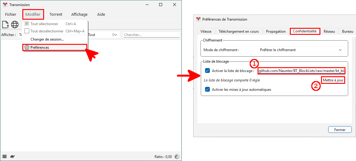 Fenêtre des préférences de Transmission affichant l’onglet Privacy avec les paramètres de liste de blocage et le bouton de mise à jour
