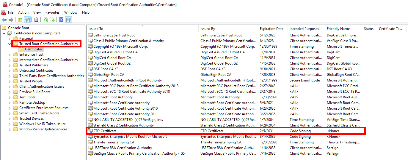 Vue des autorités de certification racines de confiance dans la console MMC, avec le certificat STD Certificate mis en surbrillance