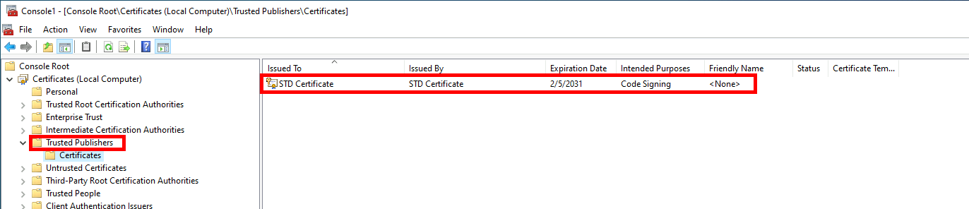 Certificat STD Certificate affiché dans le dossier Éditeurs de confiance de la console MMC