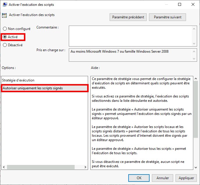 Fenêtre de configuration de la stratégie d'exécution des scripts dans l'Éditeur de stratégie de groupe locale, avec l'option Activer et Autoriser uniquement les scripts signés sélectionnées