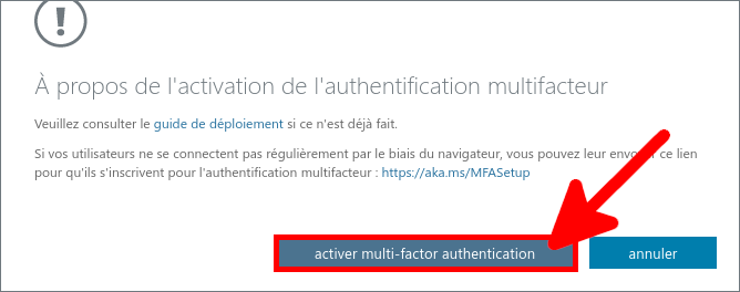 fenêtre de confirmation de l'activation de l'authentification multifacteur depuis azure