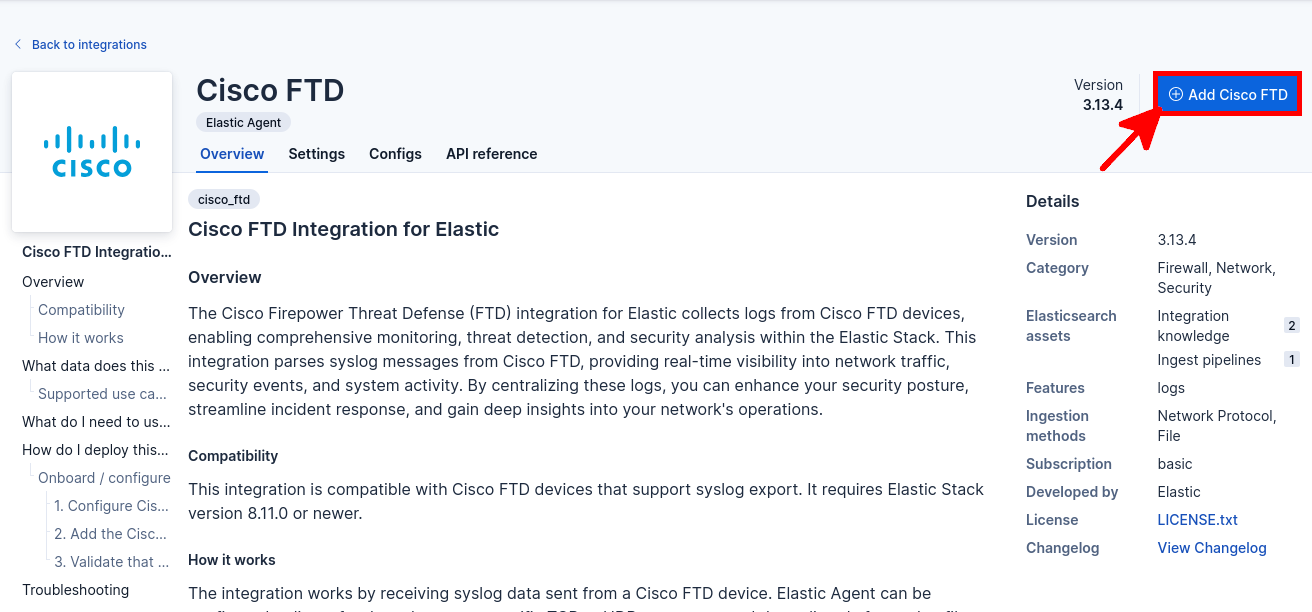 Page de l’intégration Cisco FTD dans Kibana affichant le bouton Add Cisco FTD