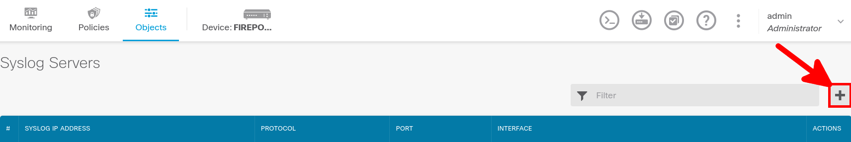 Page Syslog Servers de Cisco Firepower FTD affichant le bouton Add