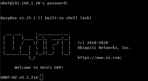 Session de connexion SSH pour Ubiquiti UniFi Access Point montrant l'invite BusyBox shell