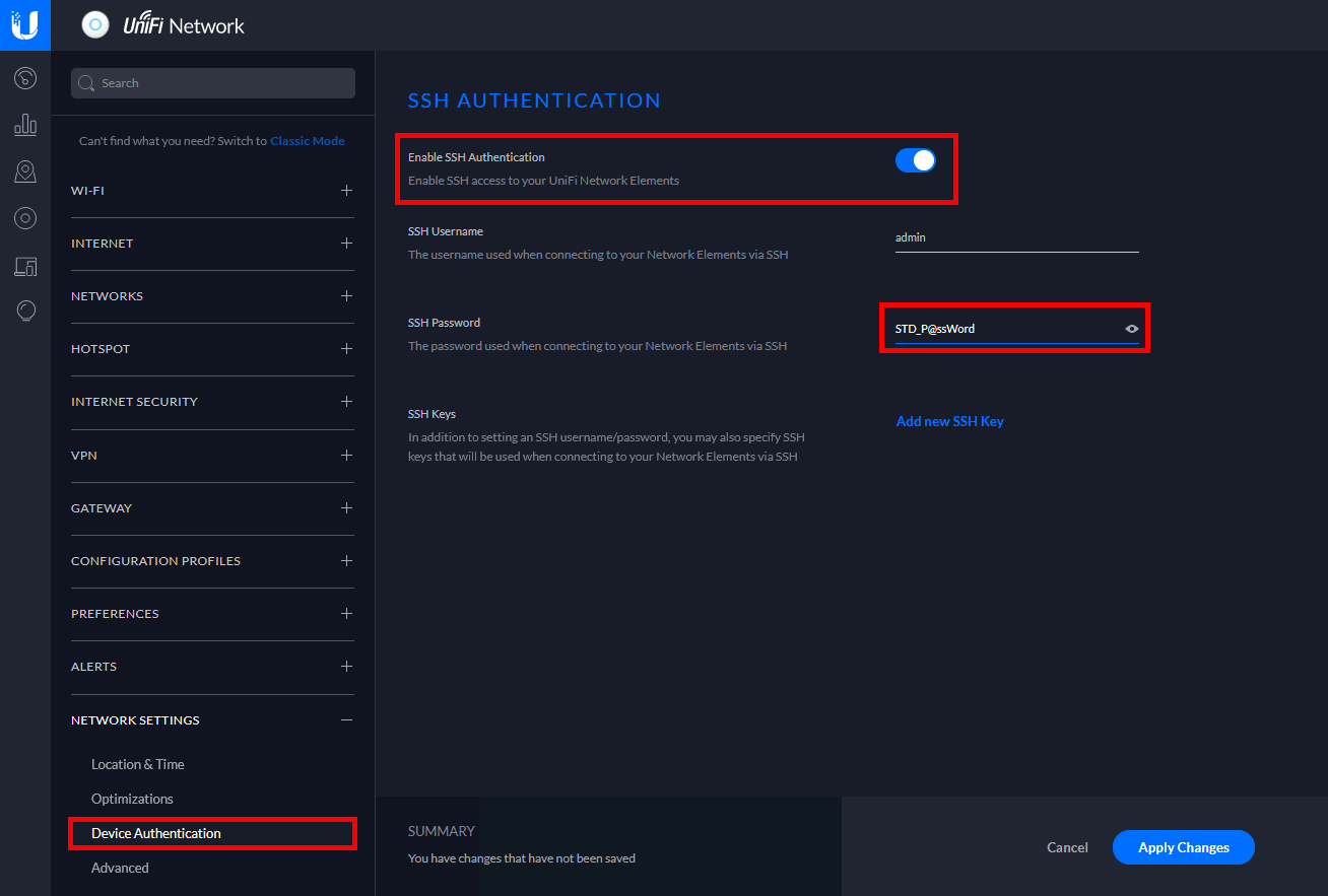 Page des paramètres du réseau UniFi pour activer l'authentification SSH et configurer les informations d'identification.