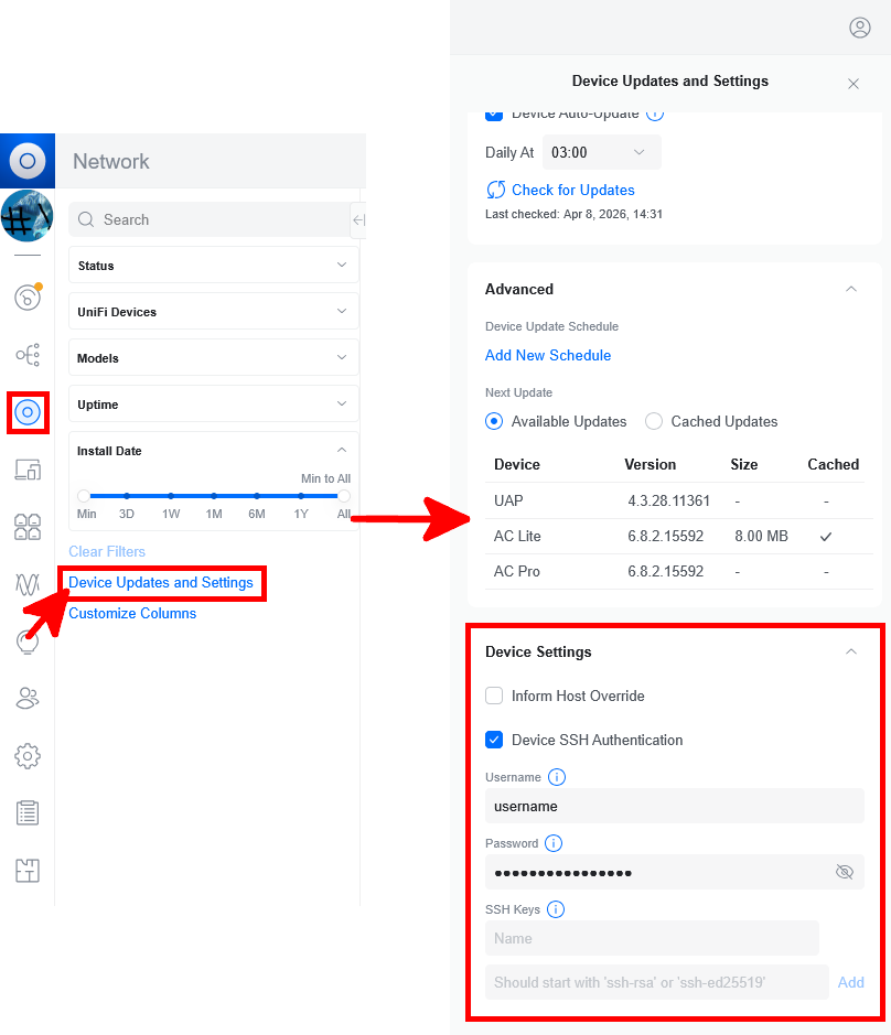 Interface UniFi affichant les paramètres de mise à jour des équipements avec les identifiants SSH.
