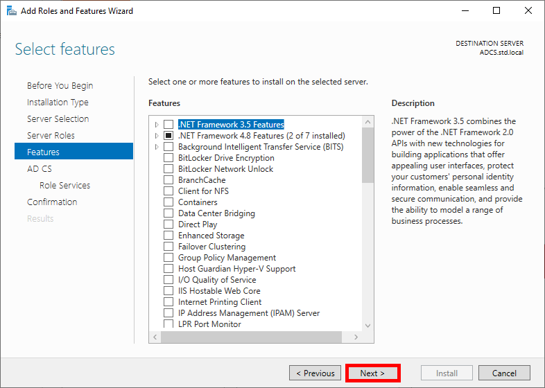 Capture d'écran de la page « Select Features » de l'assistant d'ajout de rôles et de fonctionnalités, montrant une liste de fonctionnalités avec .NET Framework 3.5 en surbrillance.