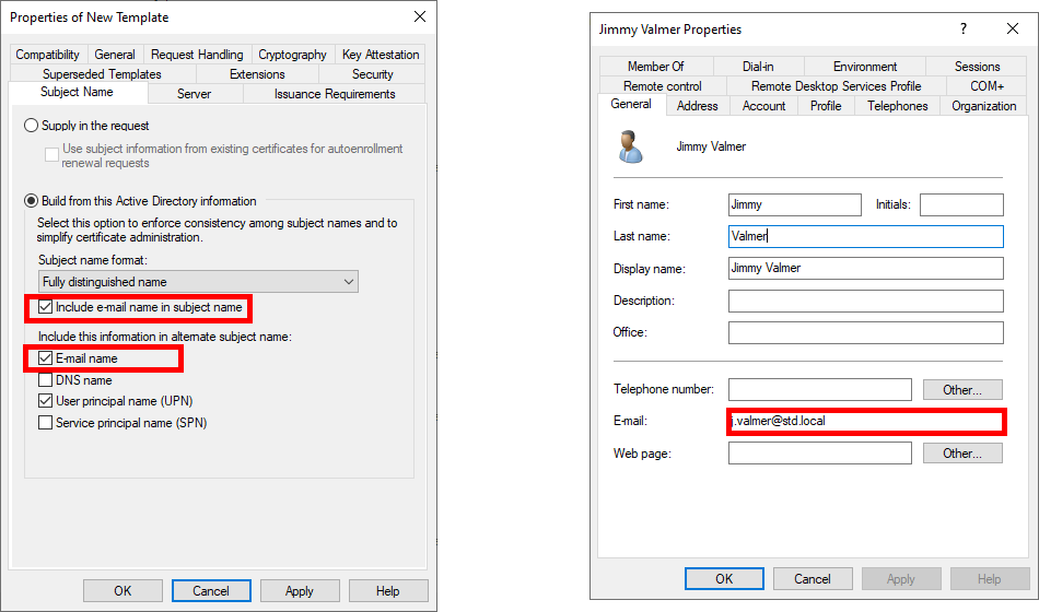 Capture d'écran de la fenêtre Propriétés du nouveau modèle dans AD CS, montrant les paramètres du nom de l'objet pour inclure le nom de l'e-mail, ainsi que les propriétés de l'utilisateur Active Directory avec l'adresse e-mail de l'utilisateur.