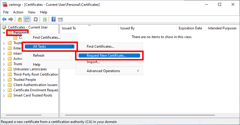 Demande d'un nouveau certificat à partir du magasin personnel dans le gestionnaire de certificats de Windows.