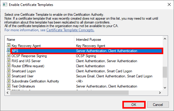 Capture d'écran de la fenêtre Enable Certificate Templates dans AD CS, montrant la sélection du modèle de certificat NPS à activer.