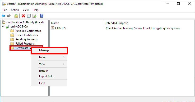 Capture d'écran de la console de l'autorité de certification dans AD CS, montrant l'option de gestion du modèle de certificat EAP-TLS sous « Modèles de certificats ».