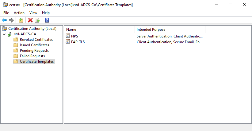 Capture d'écran de la console de l'autorité de certification dans AD CS, montrant les modèles de certificats NPS et EAP-TLS activés sous « Modèles de certificats ».