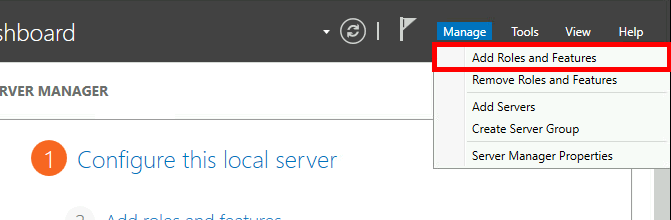 Capture d'écran du gestionnaire de serveur dans Windows Server, montrant l'option « Ajouter des rôles et des fonctionnalités » mise en évidence dans le menu « Gérer ».