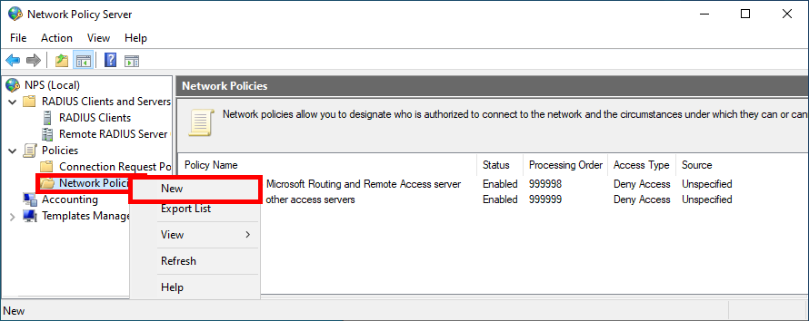 Création d'une nouvelle stratégie réseau dans Windows Network Policy Server pour configurer WPA Enterprise avec EAP-TLS sur les points d'accès UniFi.