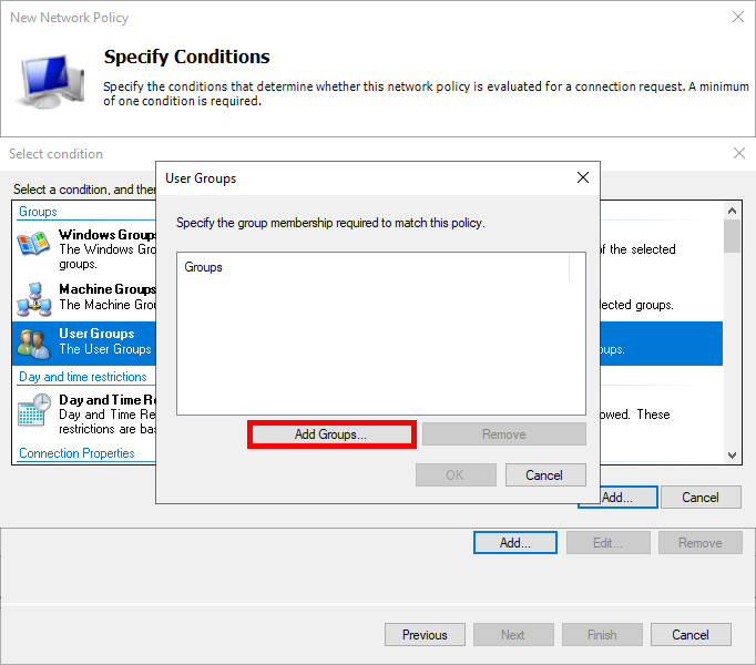 Spécification de groupes d'utilisateurs pour la configuration de la politique de réseau pendant la configuration de Wi-Fi EAP-TLS.