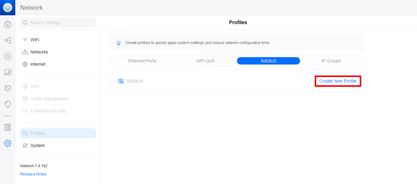 Création d'un nouveau profil RADIUS pour la configuration Wi-Fi EAP-TLS.