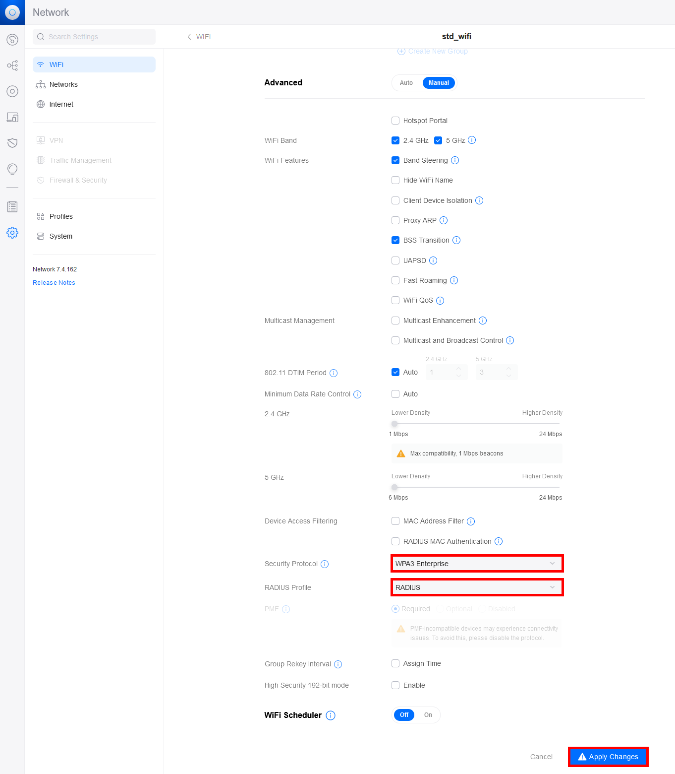 Configuration avancée du réseau Wi-Fi avec WPA3 Enterprise et paramètres de profil RADIUS pour EAP-TLS.