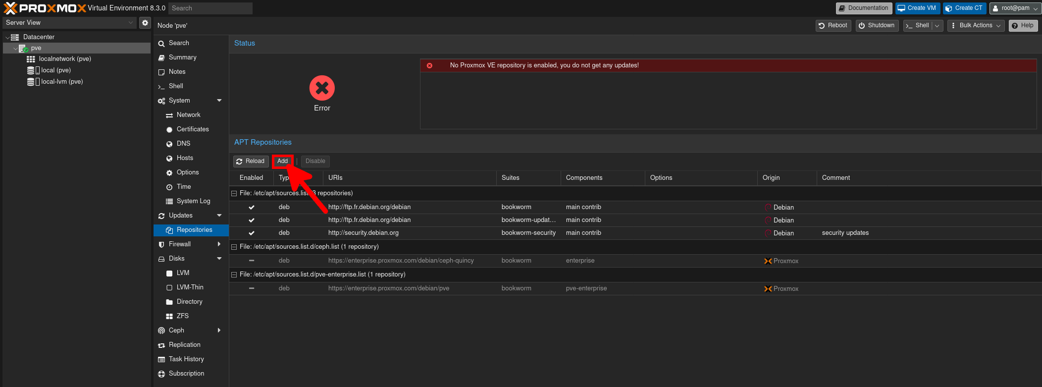 Capture d'écran de l'interface de Proxmox VE 8.3 montrant comment ajouter un dépôt dans le menu des dépôts APT.