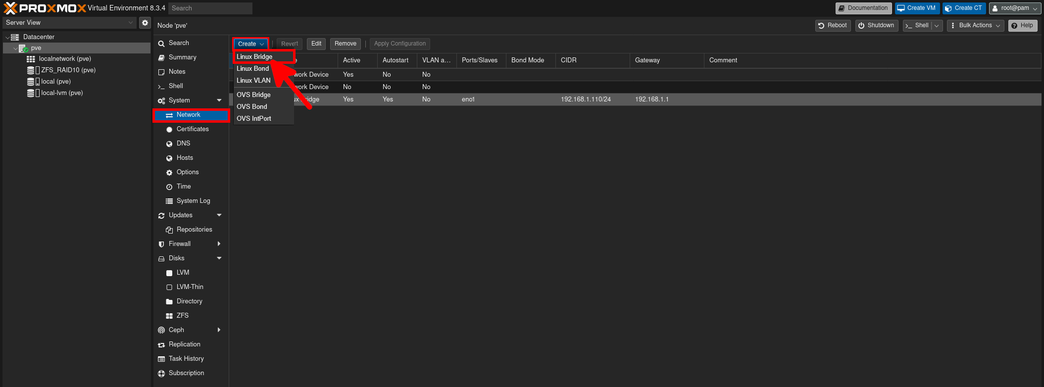 Capture d'écran de l'interface de Proxmox VE 8.3 montrant la création d'un nouveau pont réseau Linux dans les paramètres réseau.