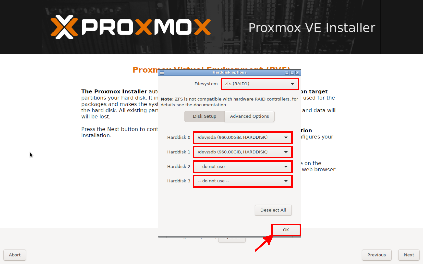 Configuration d’un miroir ZFS RAID1 pour les disques système dans l’assistant Proxmox VE 9