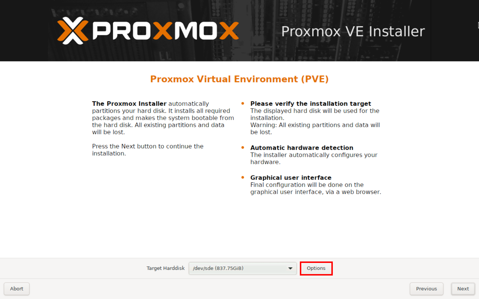 Écran de sélection du disque cible dans l’assistant d’installation de Proxmox VE 9