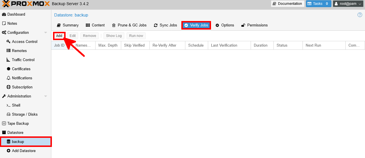 Interface de Proxmox Backup Server avec l’onglet 'Verify Jobs' sélectionné et le bouton 'Add' mis en évidence pour configurer une nouvelle tâche de vérification
