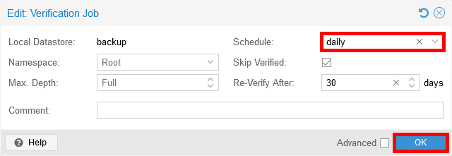 Fenêtre de configuration d’une tâche de vérification dans Proxmox Backup Server avec une planification quotidienne et une revérification tous les 30 jours
