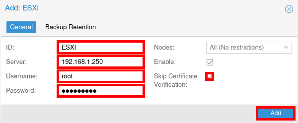 Formulaire de configuration du stockage ESXi dans Proxmox VE, affichant les champs pour l’ID, l’adresse IP du serveur, le nom d’utilisateur, le mot de passe et les options de vérification du certificat.