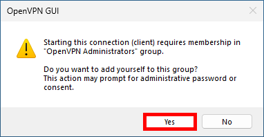 Invite OpenVPN sous Windows demandant de rejoindre le groupe Administrateurs OpenVPN avant de se connecter.