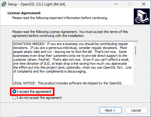 Programme d’installation d’OpenSSL Light affichant le contrat de licence avec l’option I accept the agreement sélectionnée