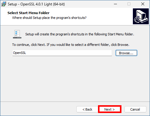 Programme d’installation d’OpenSSL Light affichant OpenSSL comme dossier par défaut du menu Démarrer